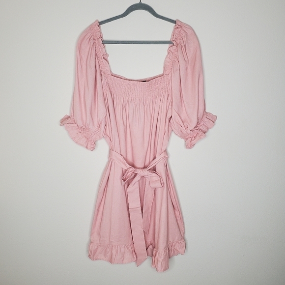 Eloquii Pink Square Neck Ruffled Smocked Front Linen Mini Day Dress - Picture 4 of 11